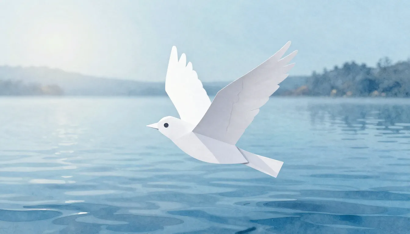 Watercolor style. A peaceful white paper bird flying over a ...