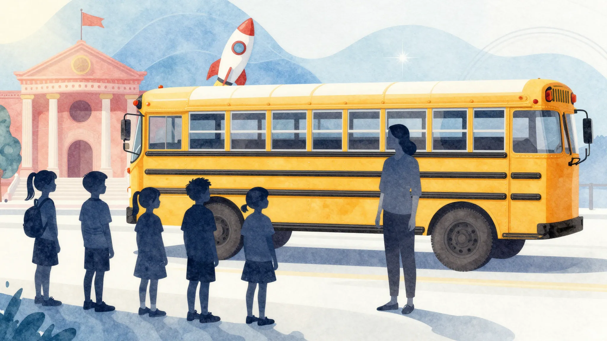 Watercolor style. Silhouettes of children and a teacher stan...