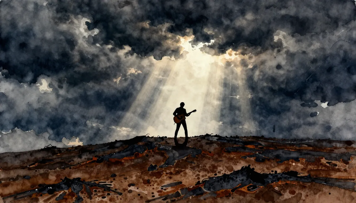 Watercolor style. A dramatic silhouette of a lone guitar pla...