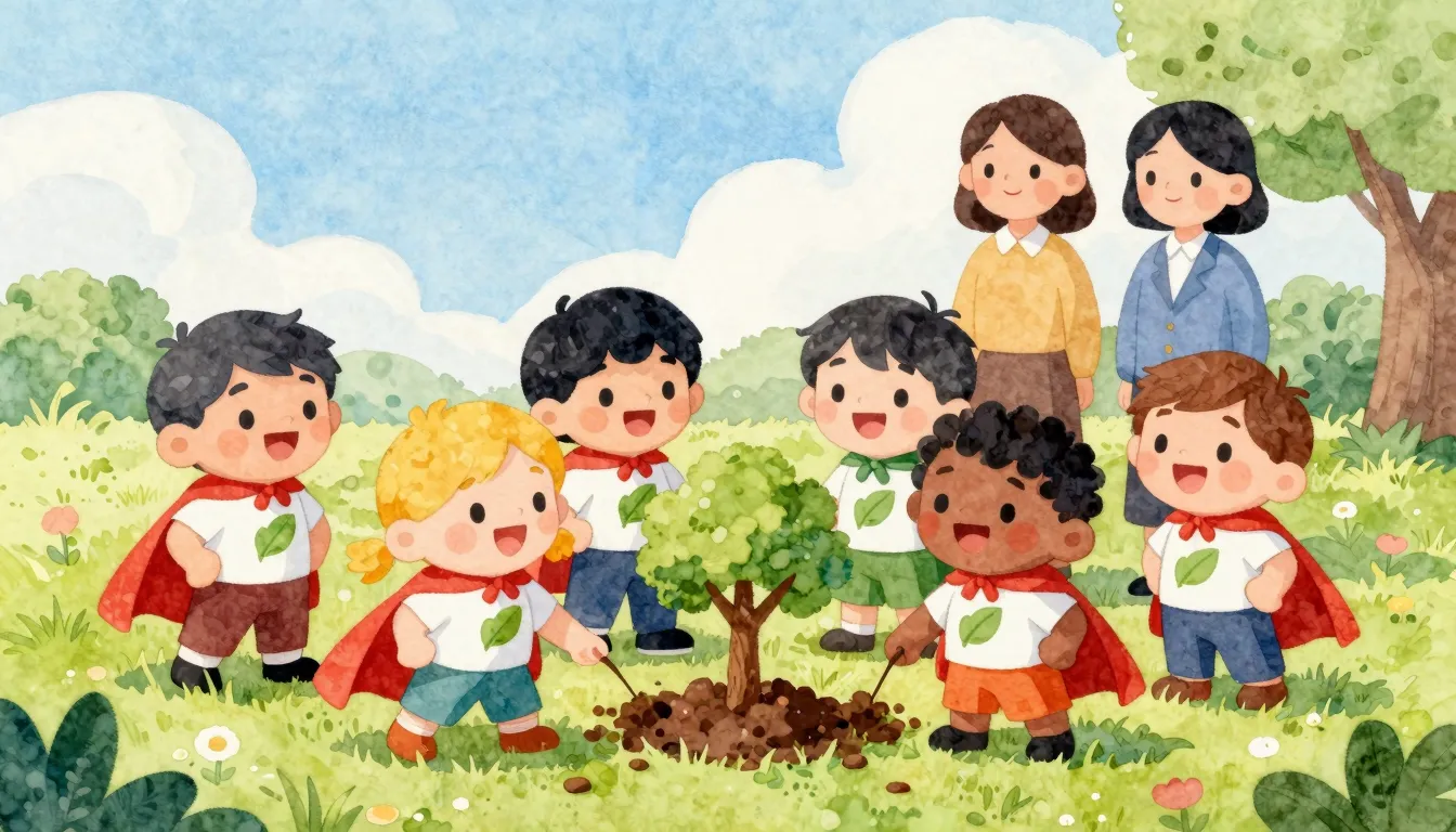 Watercolor style. A group of happy, diverse cartoon children...
