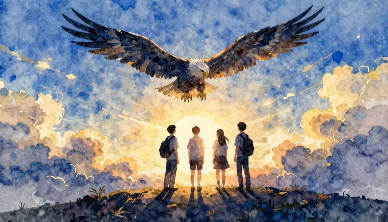 Watercolor style. Silhouettes of three young students standi...