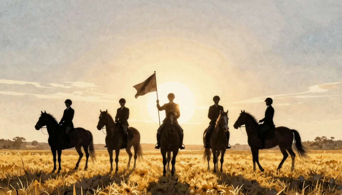 Watercolor style. A silhouette of a group of riders on horse...