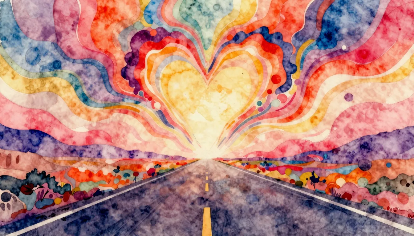 Vibrant watercolor style. Trance album cover, endless road, ...