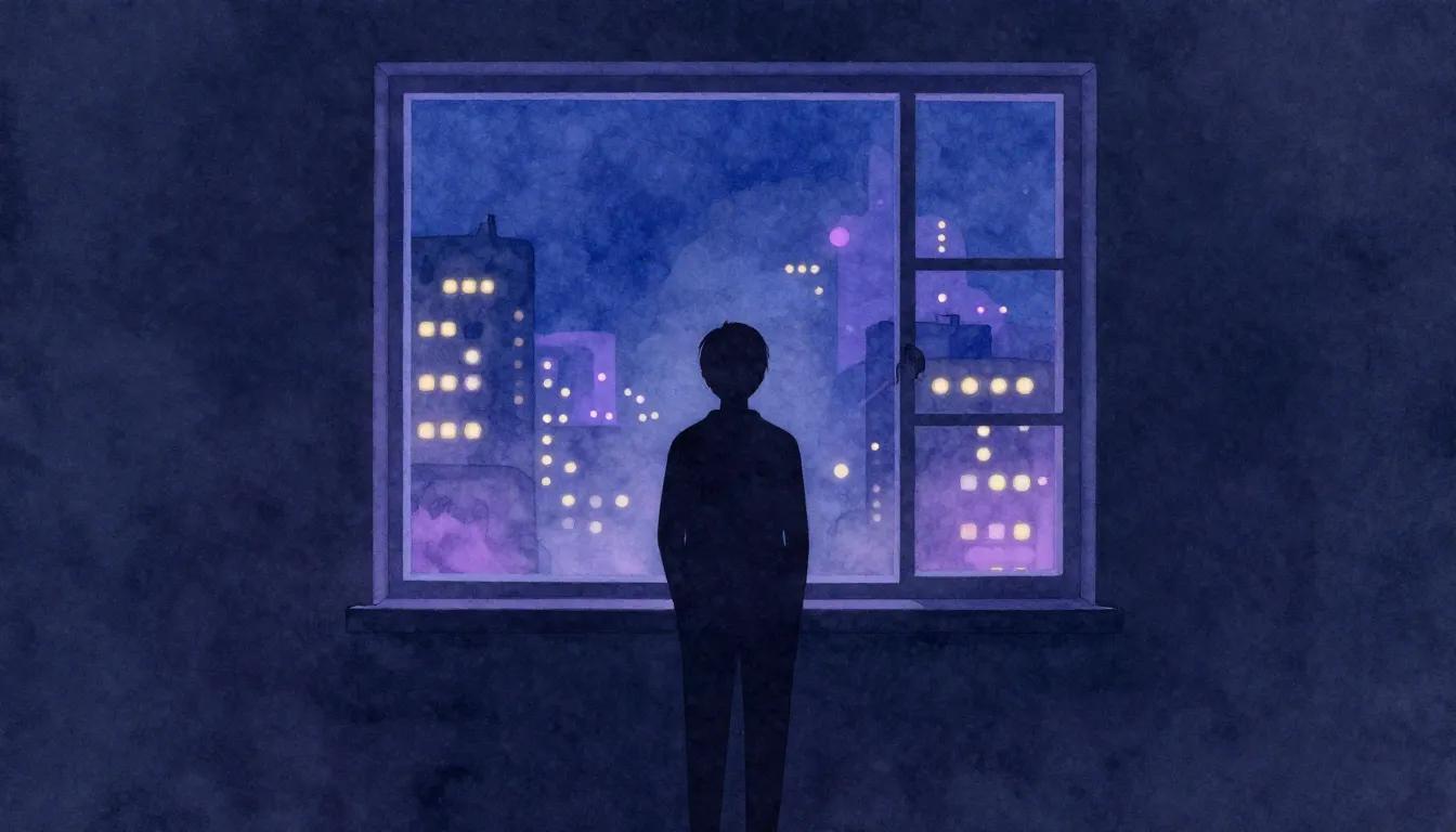 Watercolor style. A silhouette of a lonely figure standing b...