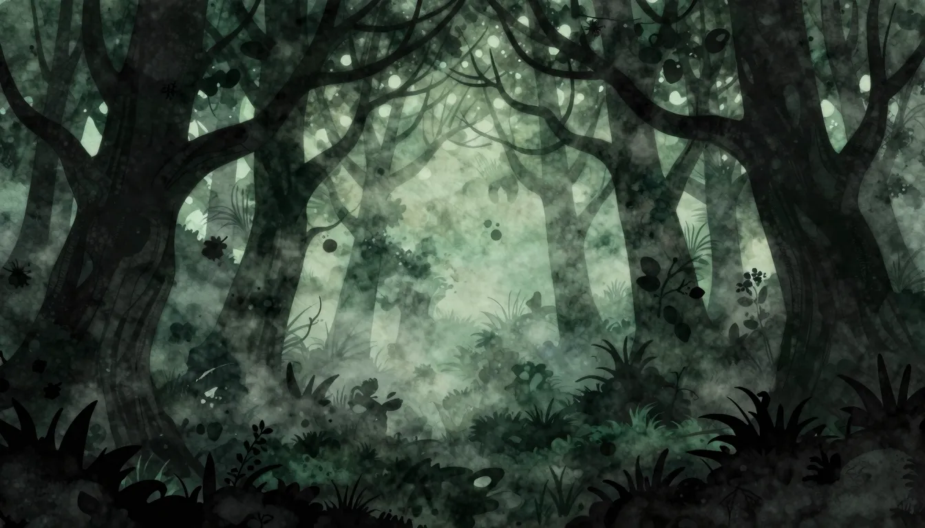 Watercolor style. Dark mystical forest silhouette at night, ...