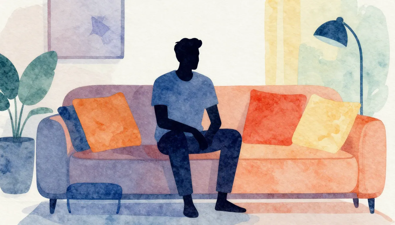 Watercolor style. Stylized silhouette of a man sitting among...