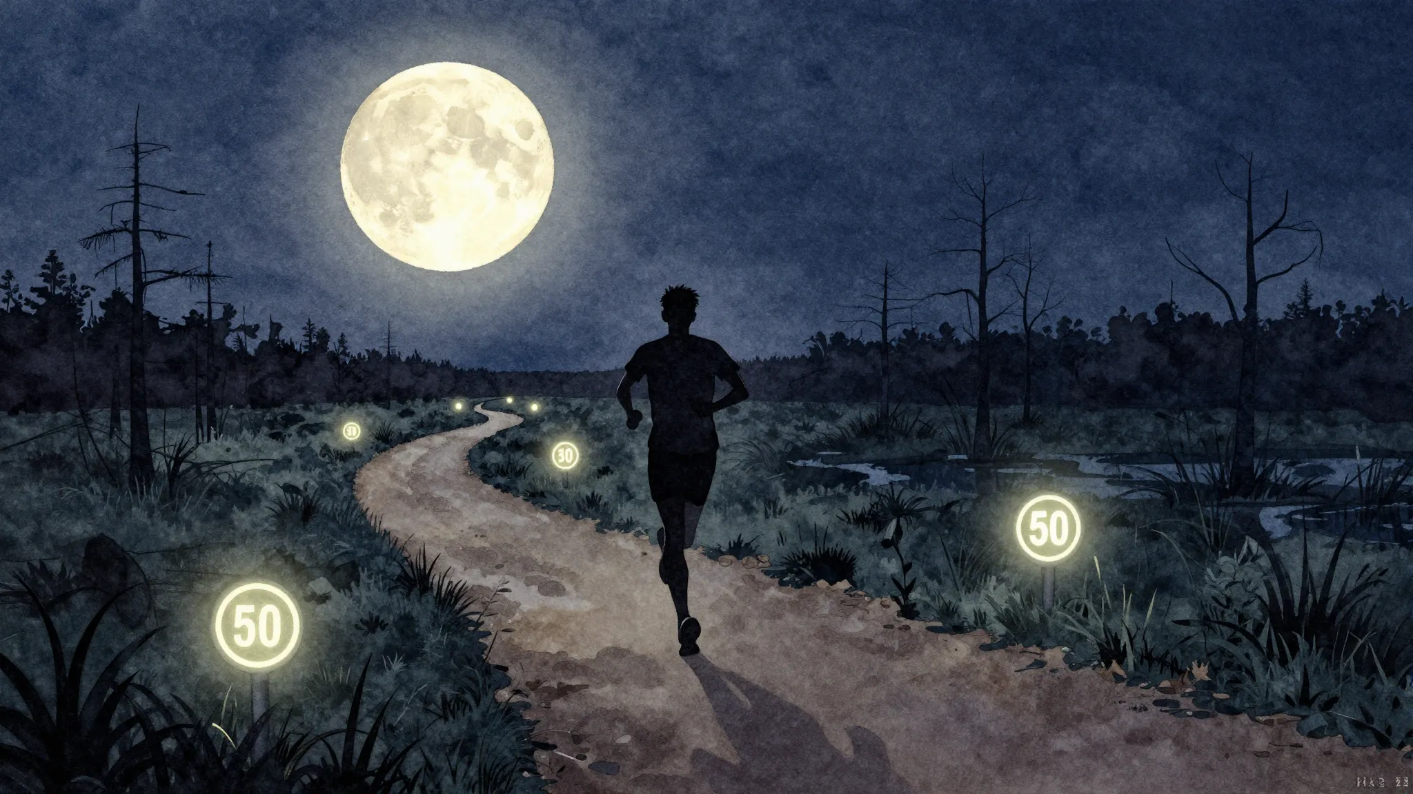Watercolor style. Stylized night trail running path through ...