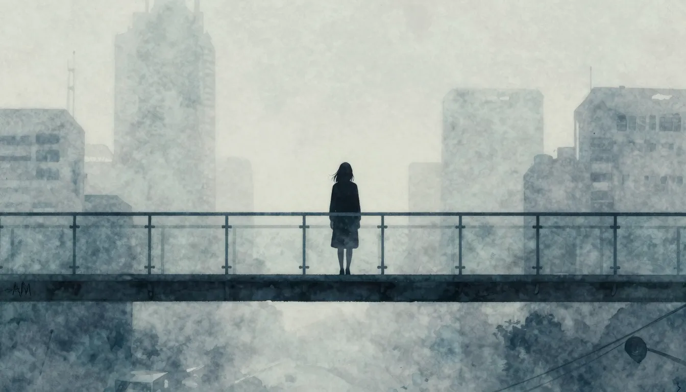 Watercolor style. A lonely silhouette of a woman standing on...