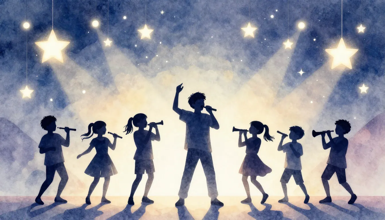 Watercolor style. A bright stage with silhouettes of childre...