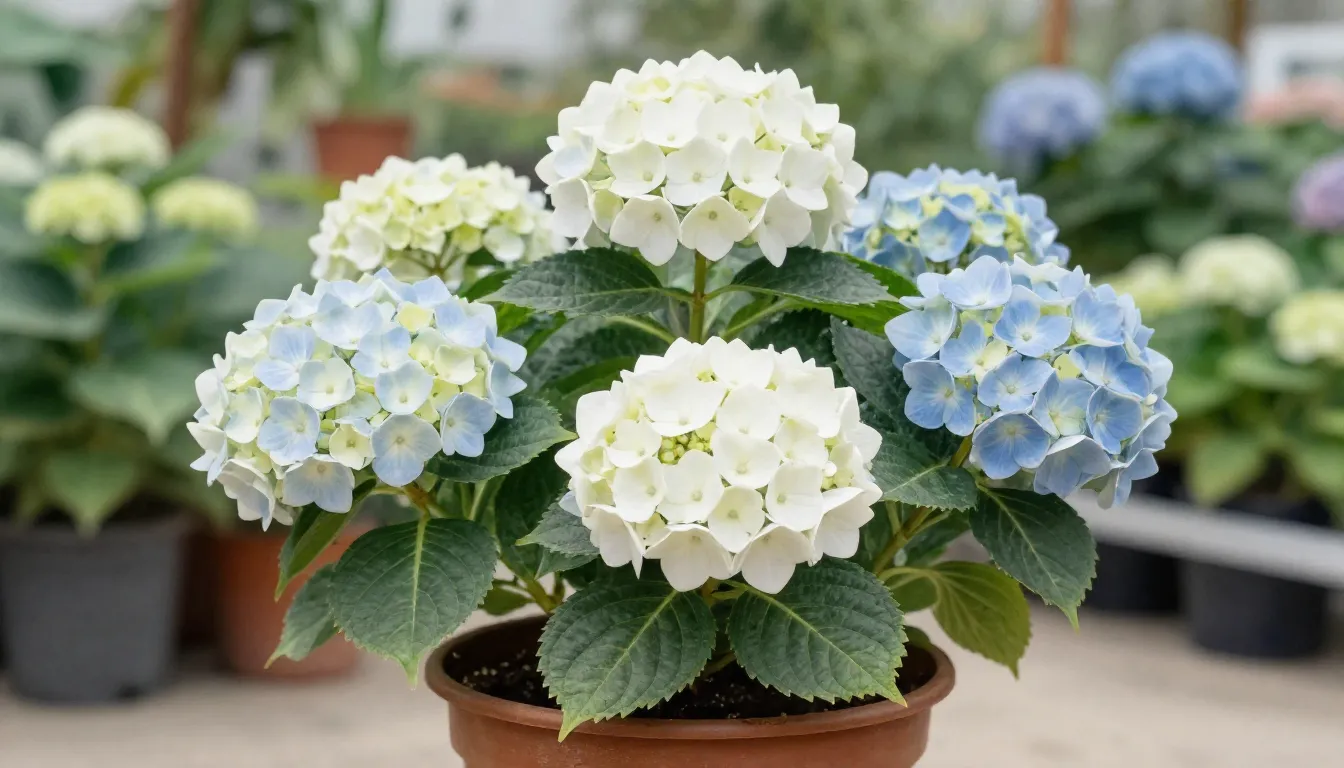 Watercolor style. Close-up of a healthy hydrangea plant in a...