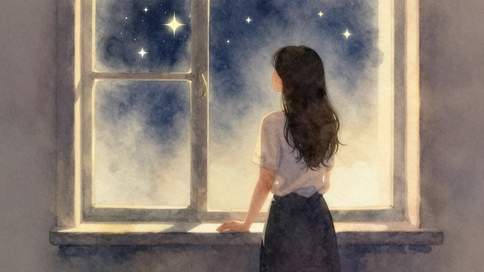 Watercolor style. A silhouette of a woman standing by a wind...