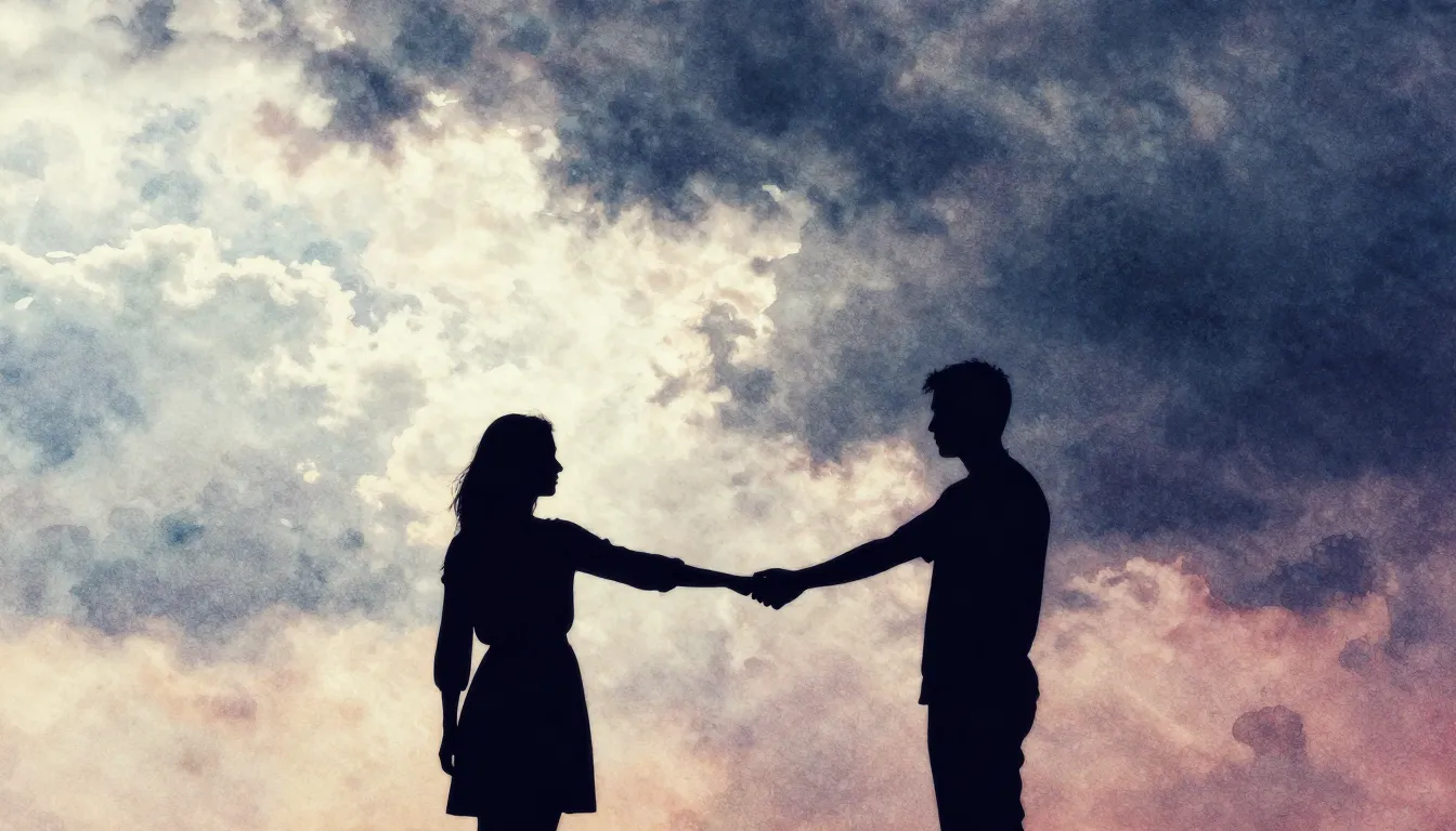 Vibrant watercolor style. A couple's silhouette, one reachin...