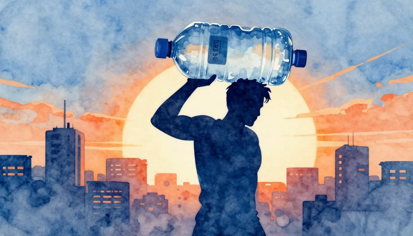 Watercolor style. A silhouette of a strong man carrying a la...