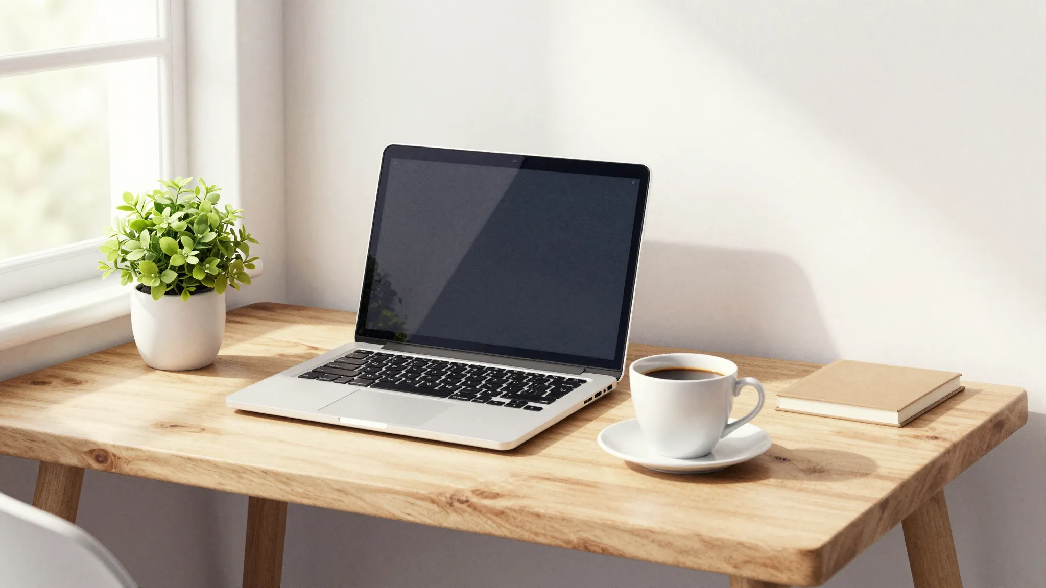 Watercolor style. A cozy home office setup with a laptop, a ...