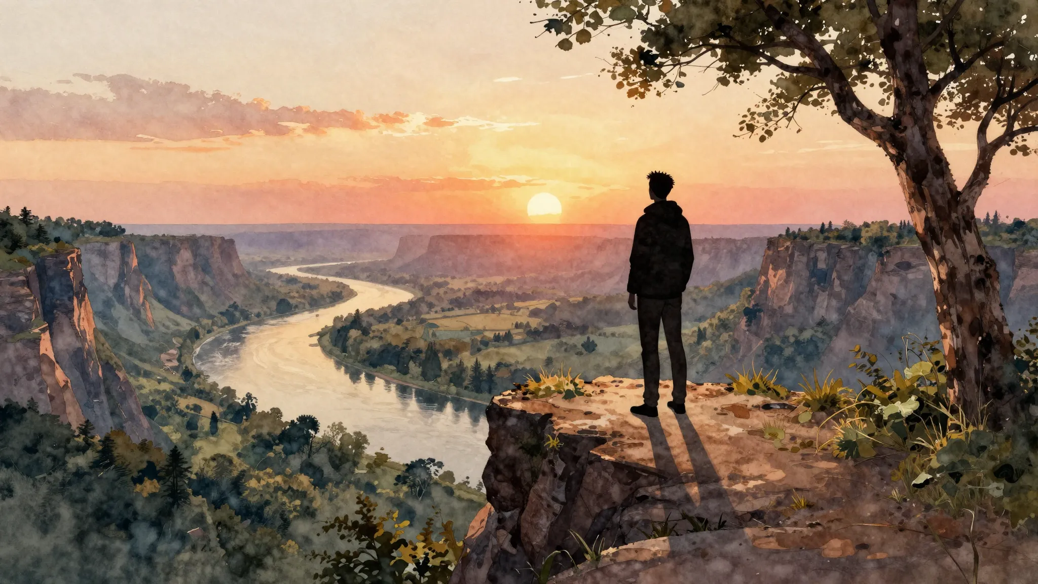 Watercolor style. A lone silhouette standing on a high cliff...