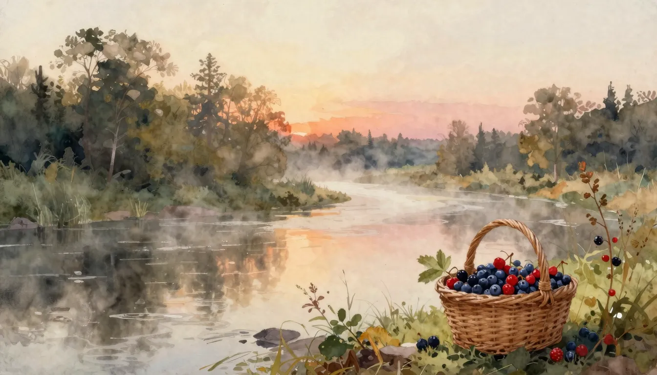 Watercolor style. A serene landscape in late August. A river...