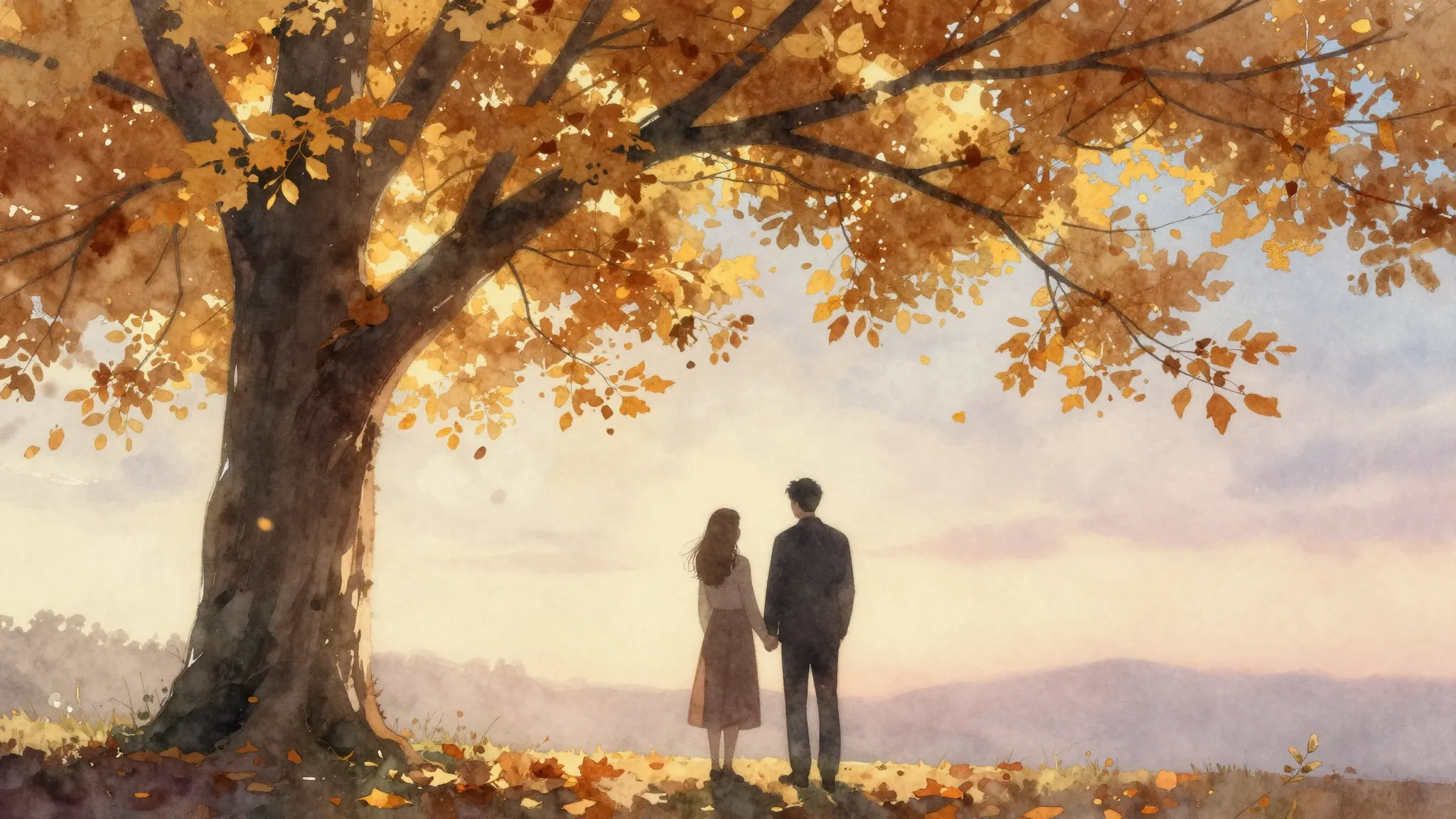 Watercolor style. A silhouette of a couple standing under a ...