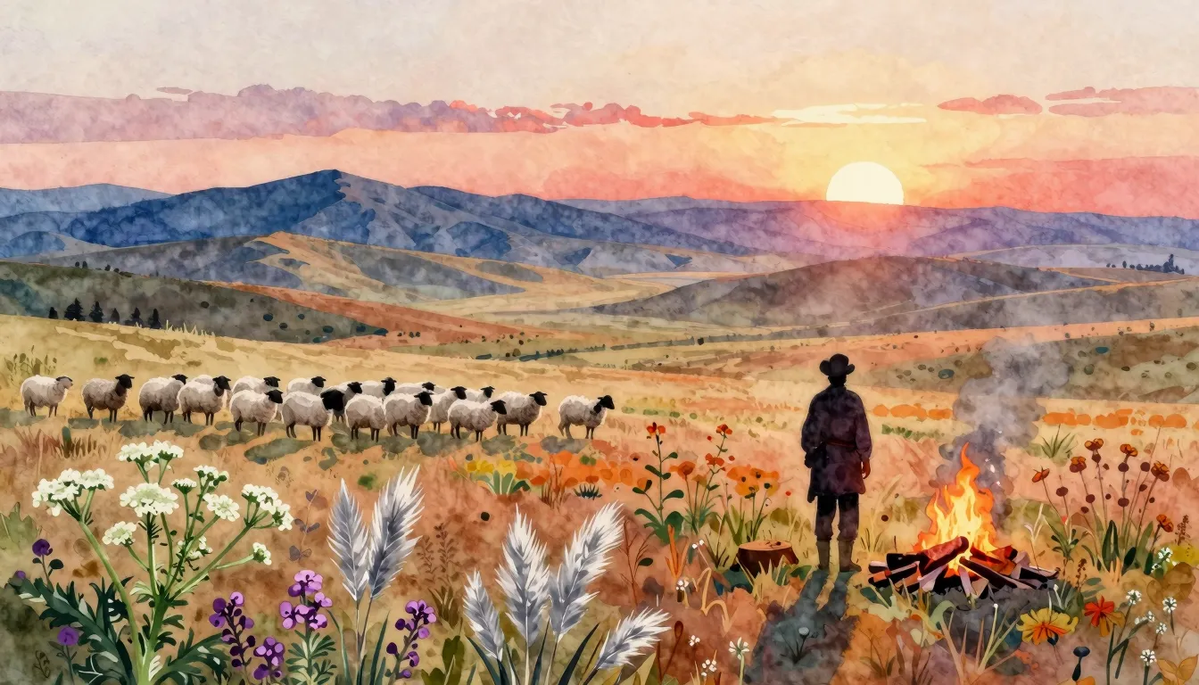 Vibrant watercolor style. Folk album cover: vast steppe land...