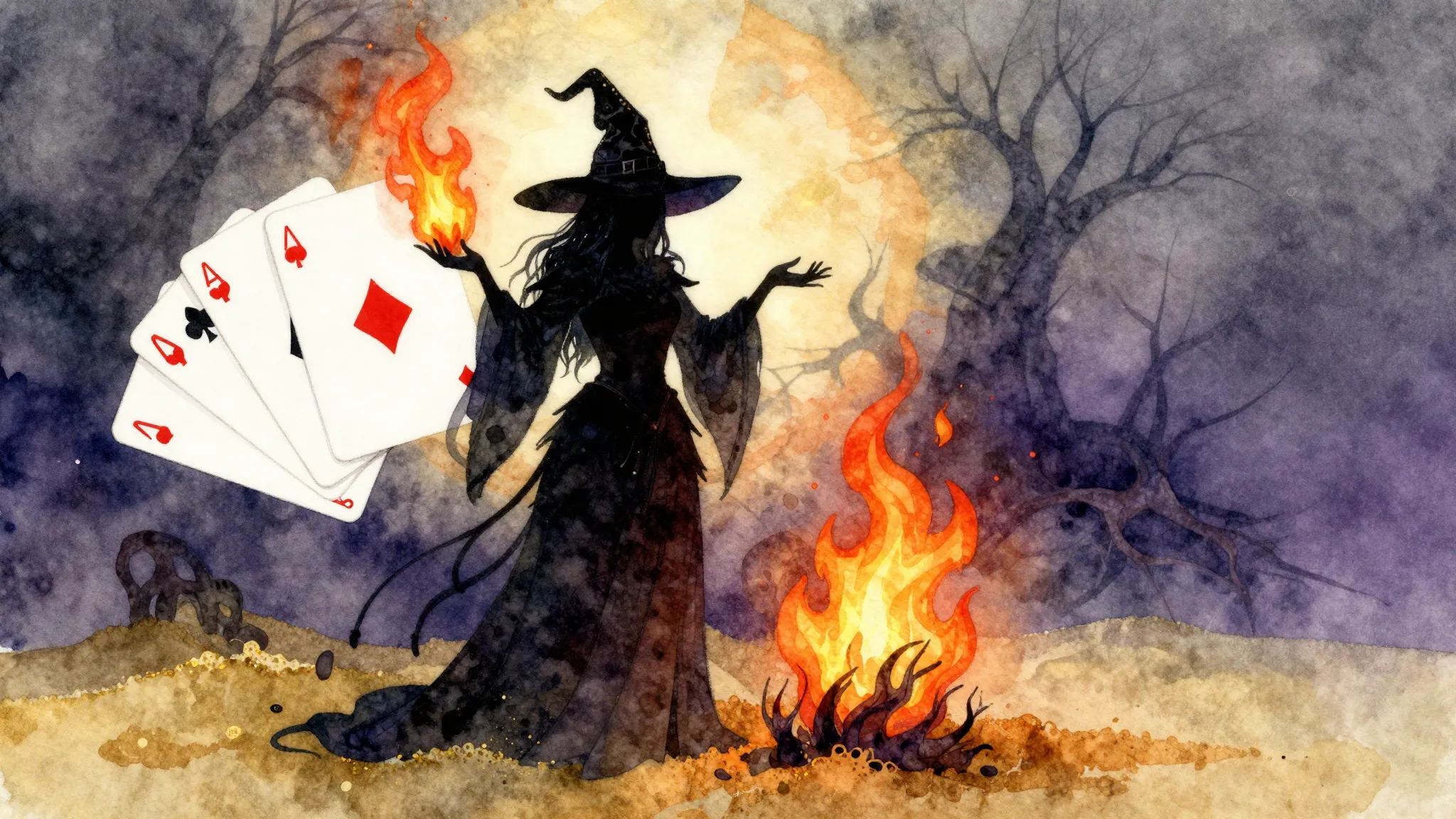Vibrant watercolor style. Mysterious witch's silhouette, pla...
