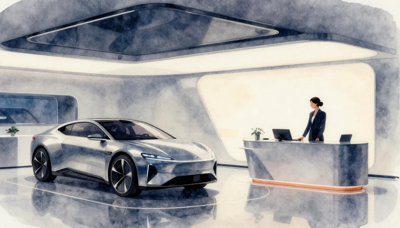 Watercolor style. Futuristic car showroom interior, sleek me...
