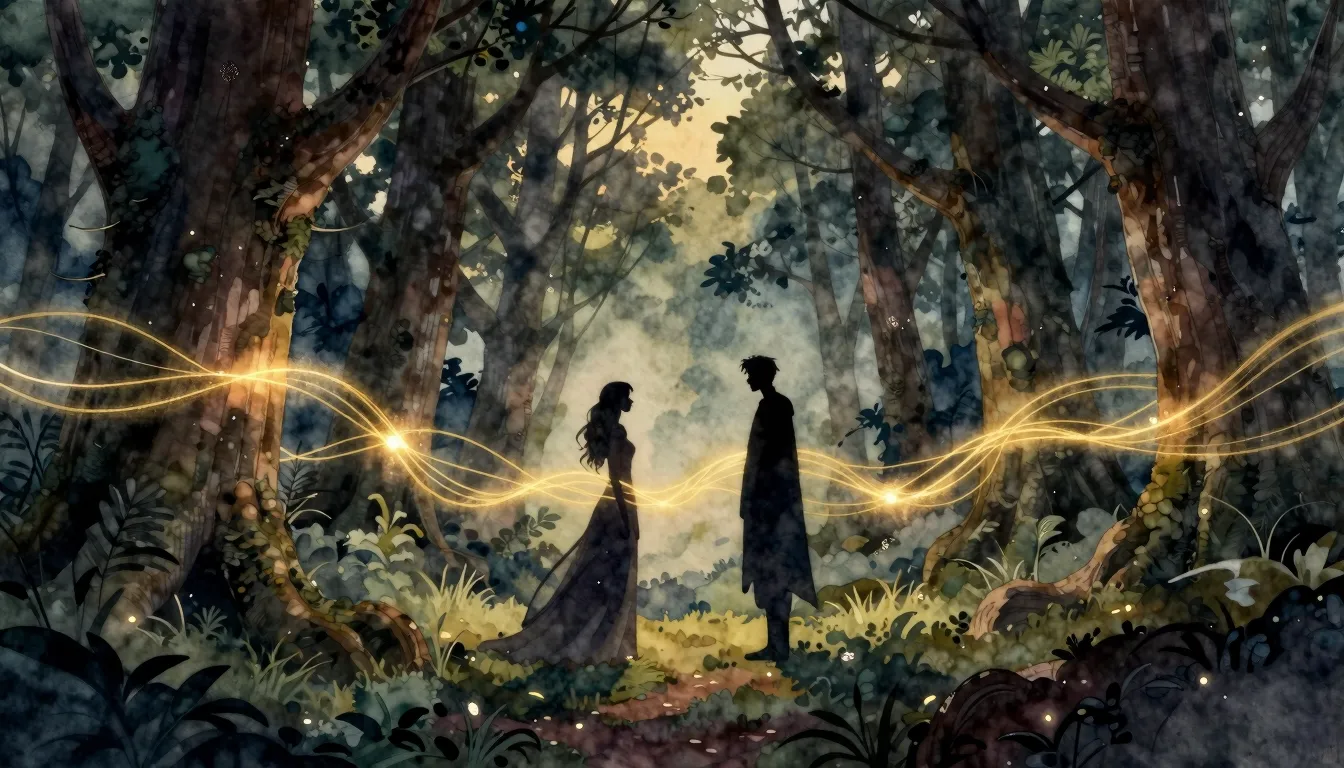 Watercolor style. A mystical forest clearing at twilight, a ...