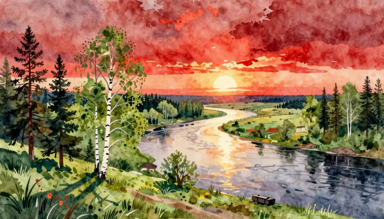 Vibrant watercolor style. A picturesque landscape of the Nor...