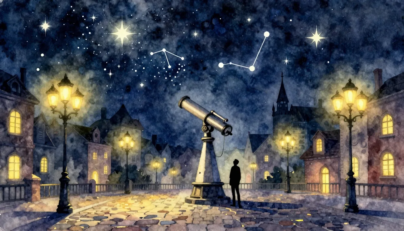 Watercolor style. A magical city square at night, cobbleston...