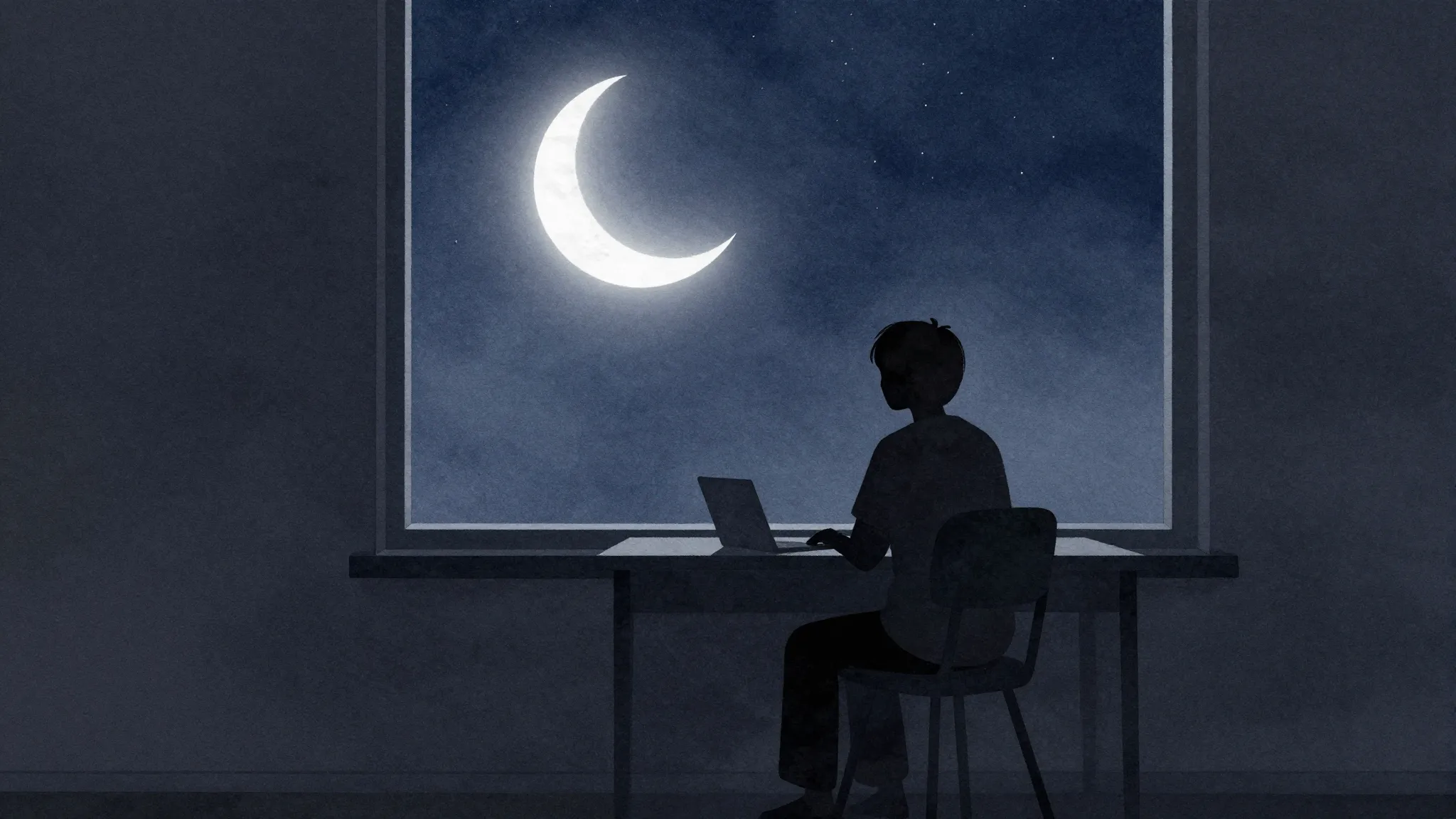 Watercolor style. A dark room with a silhouette of a person ...