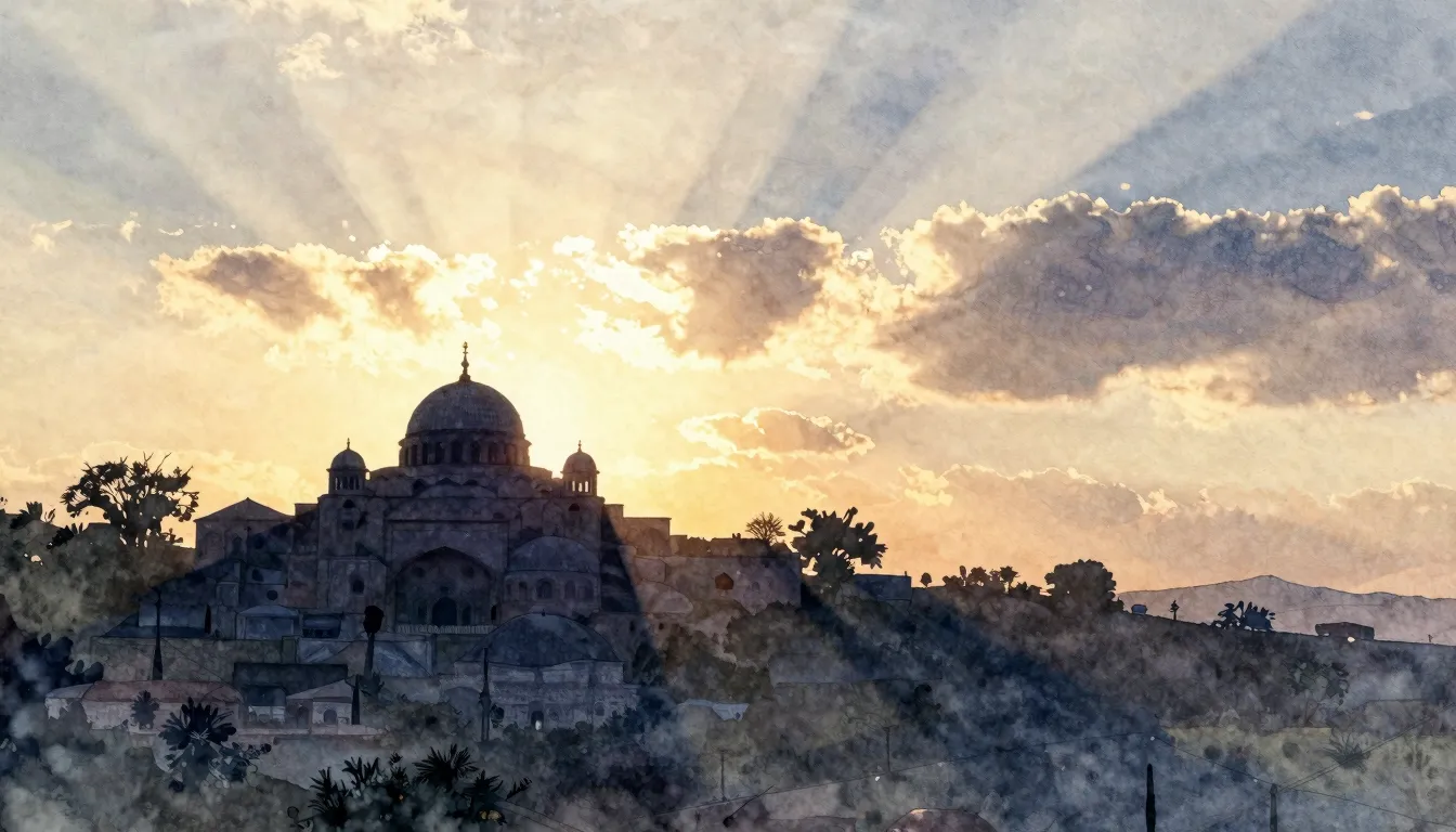 Watercolor style. A silhouette of an ancient building with d...