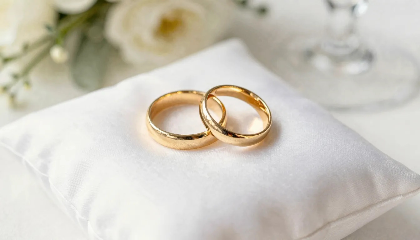 Watercolor style. Two golden wedding rings resting on a whit...