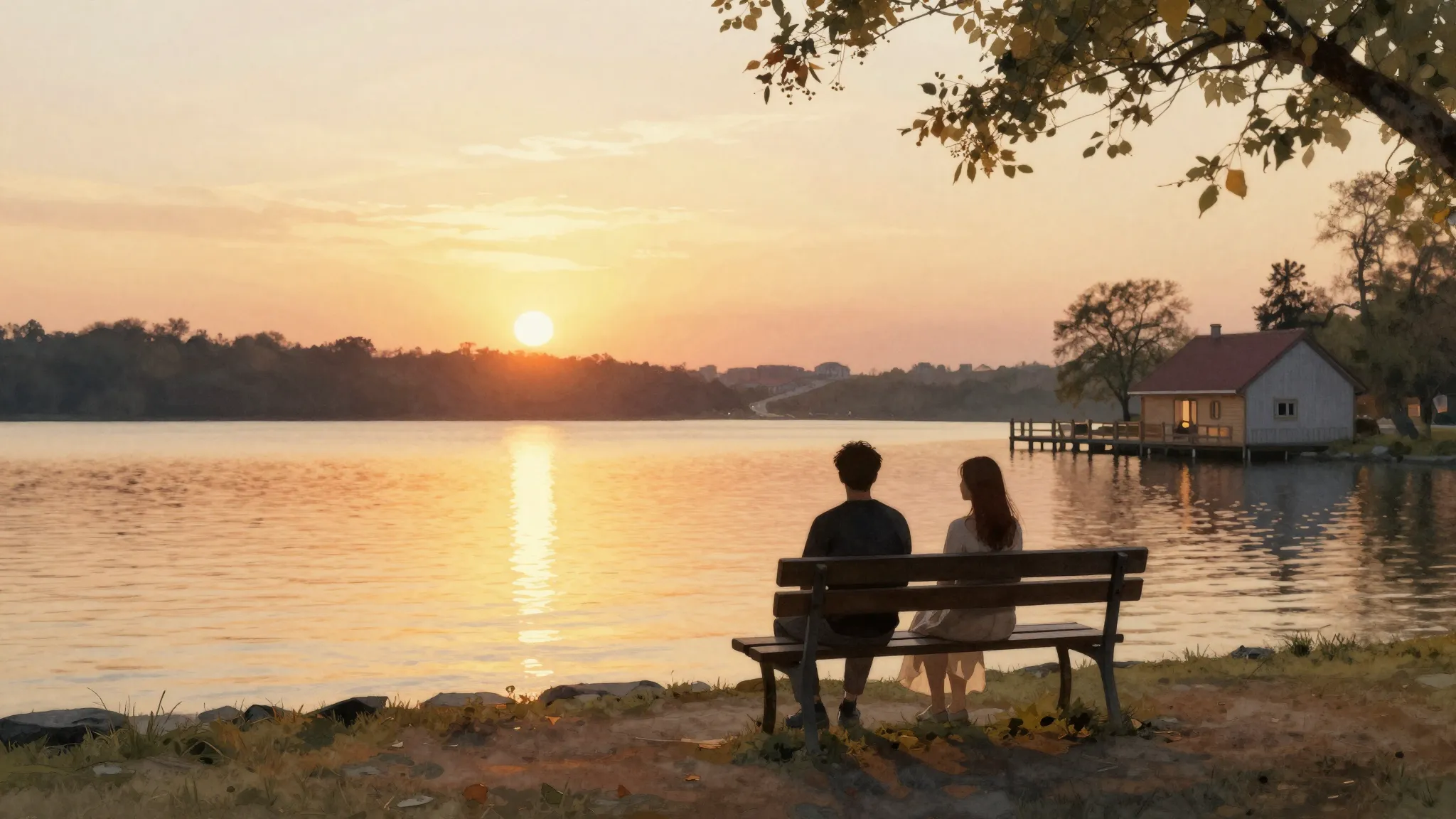 Watercolor style. A warm sunset over a calm lake, two silhou...