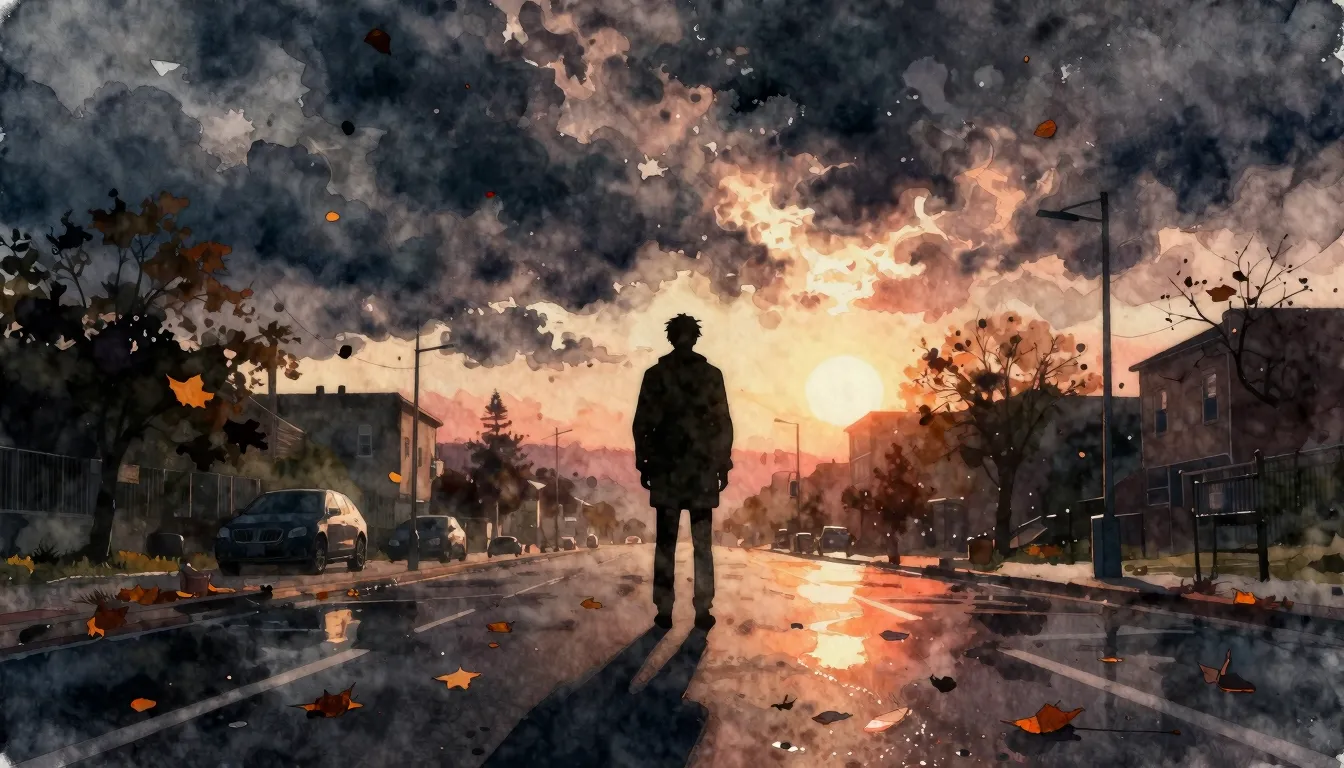 Watercolor style. A lone silhouette stands on a city street ...
