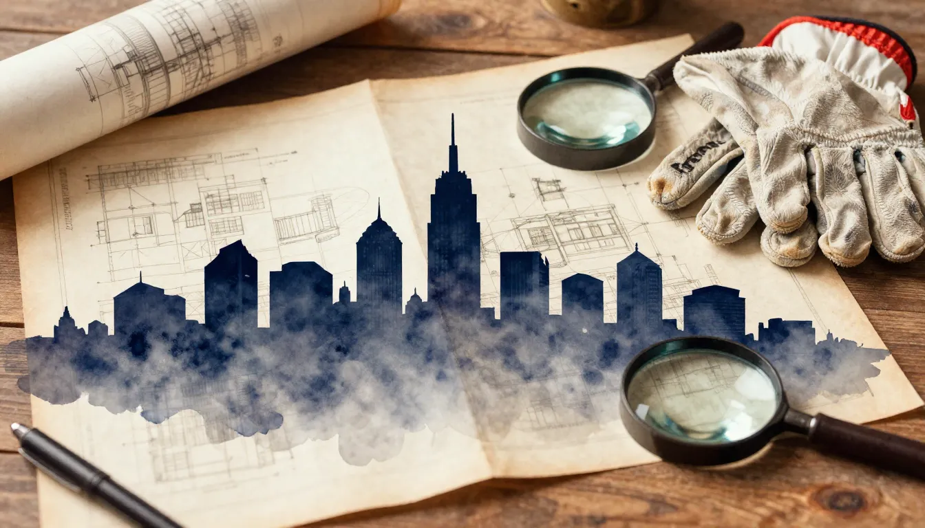 Watercolor style. A stylized silhouette of a city skyline me...