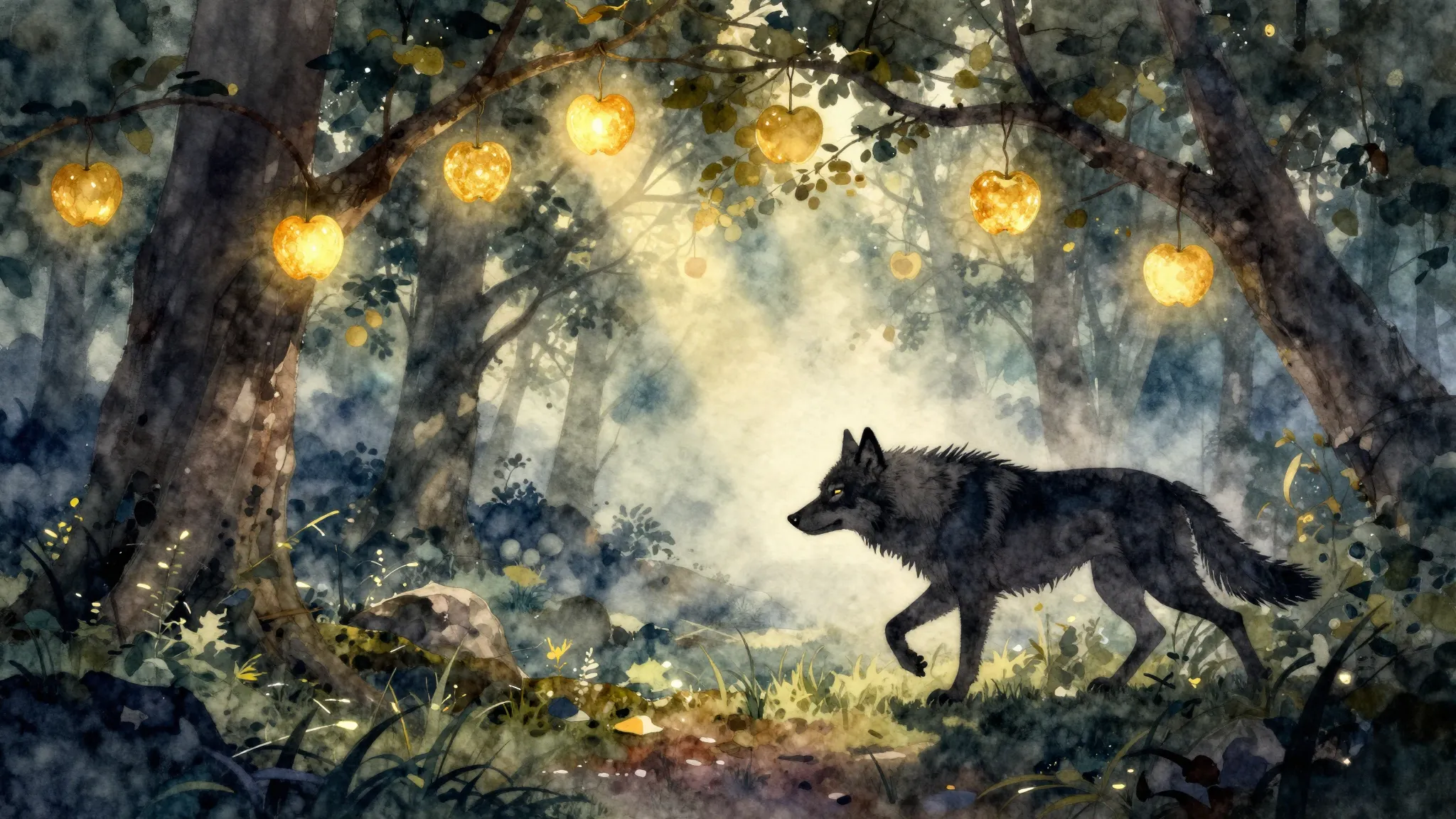 Watercolor style. Silhouette of a wolf running through a mag...