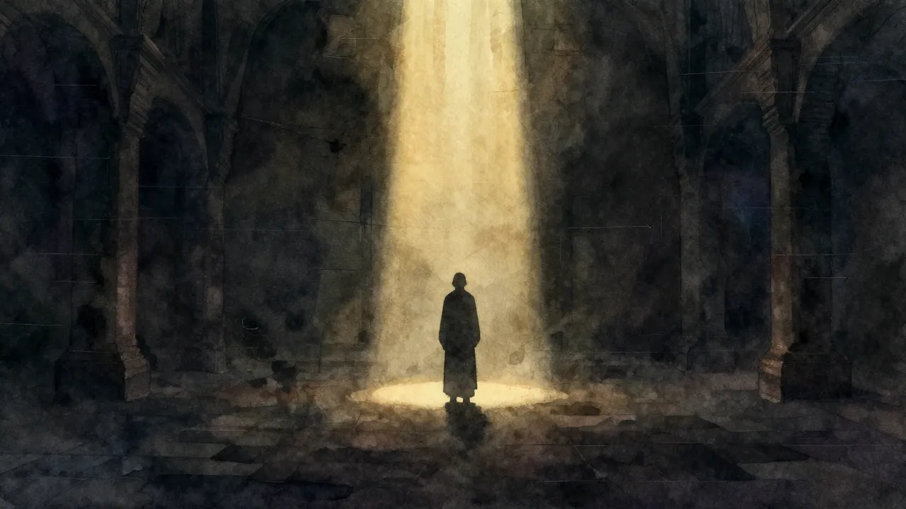 Watercolor style. A dark vast hall with a single silhouette ...