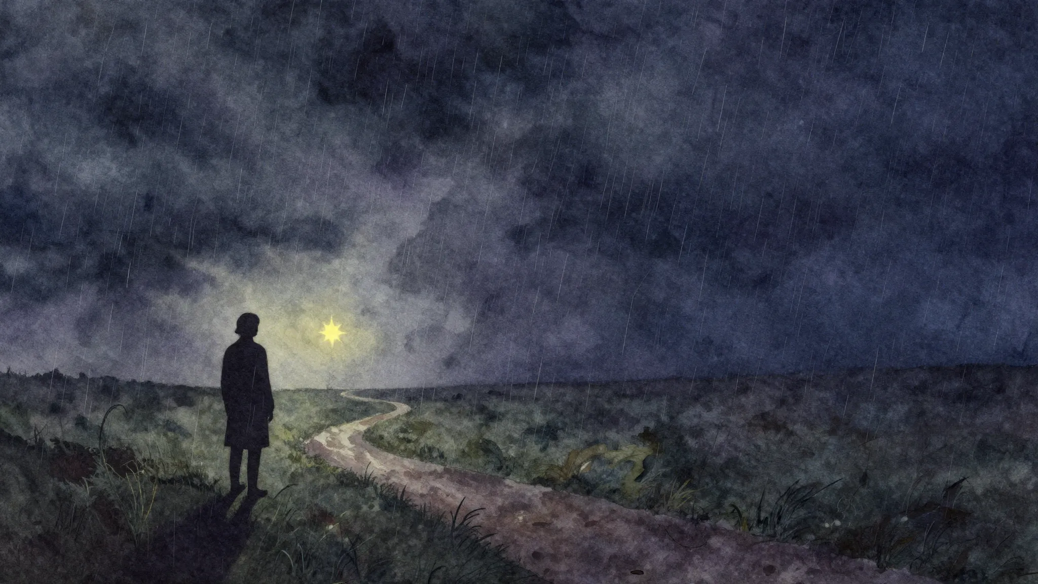 Vibrant watercolor style. Folk song album cover. Dark, melan...