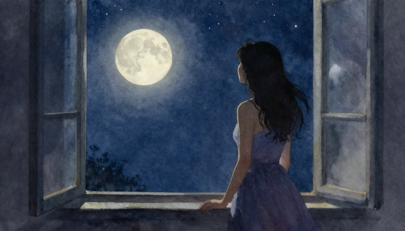 Watercolor style. A silhouette of a woman standing by a wind...