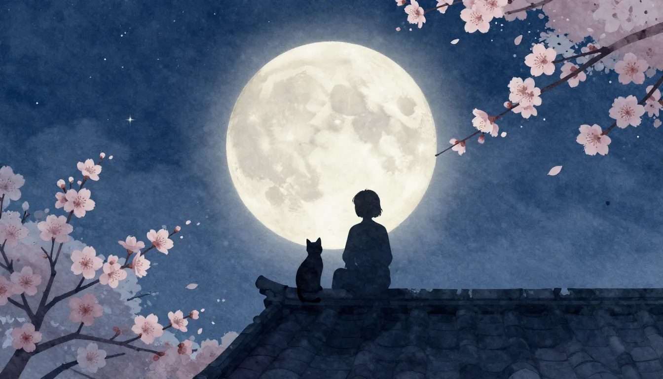 Watercolor style. Silhouette of a person and a cat sitting o...