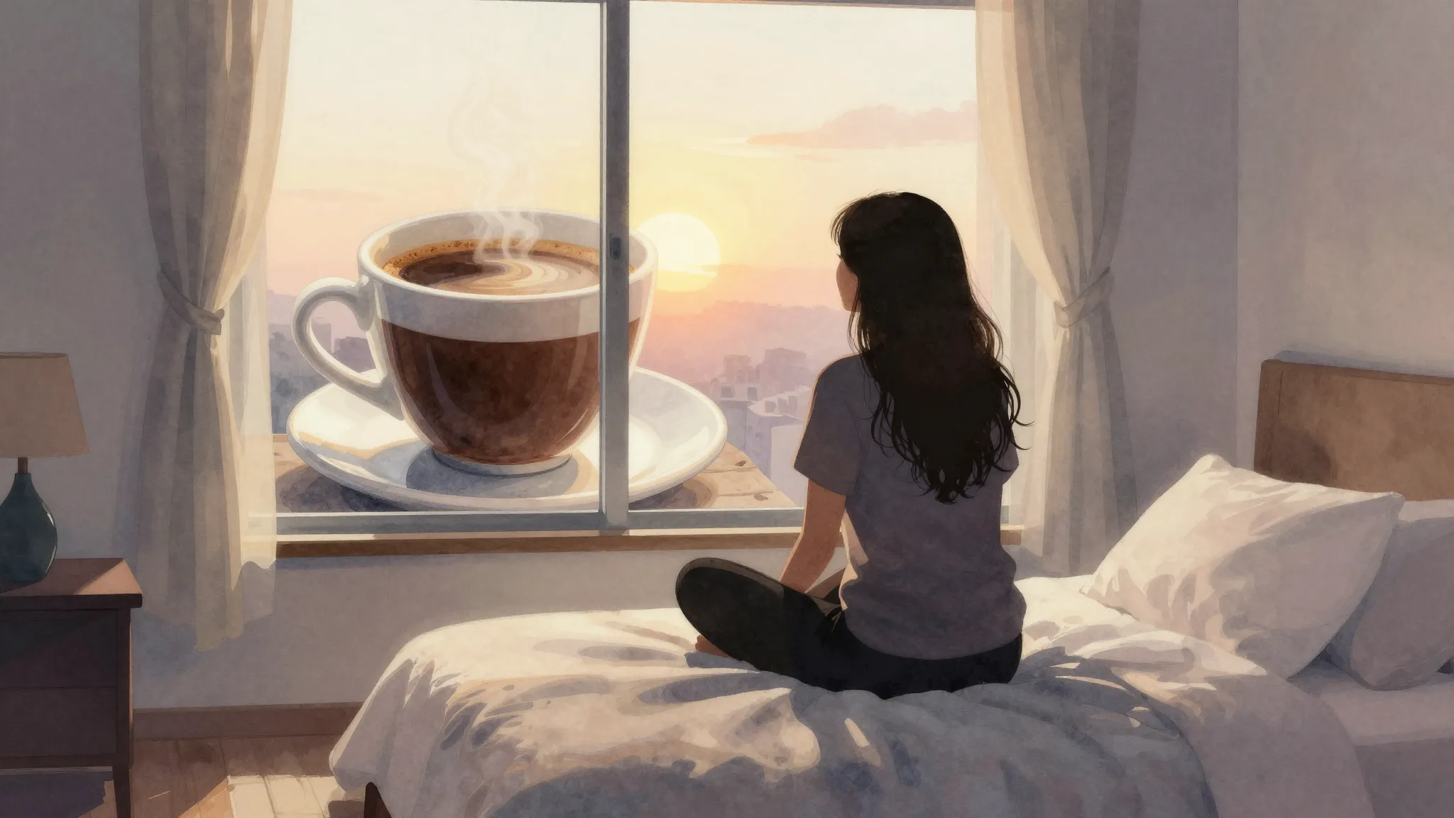Watercolor style. A silhouette of a woman sitting on a bed l...
