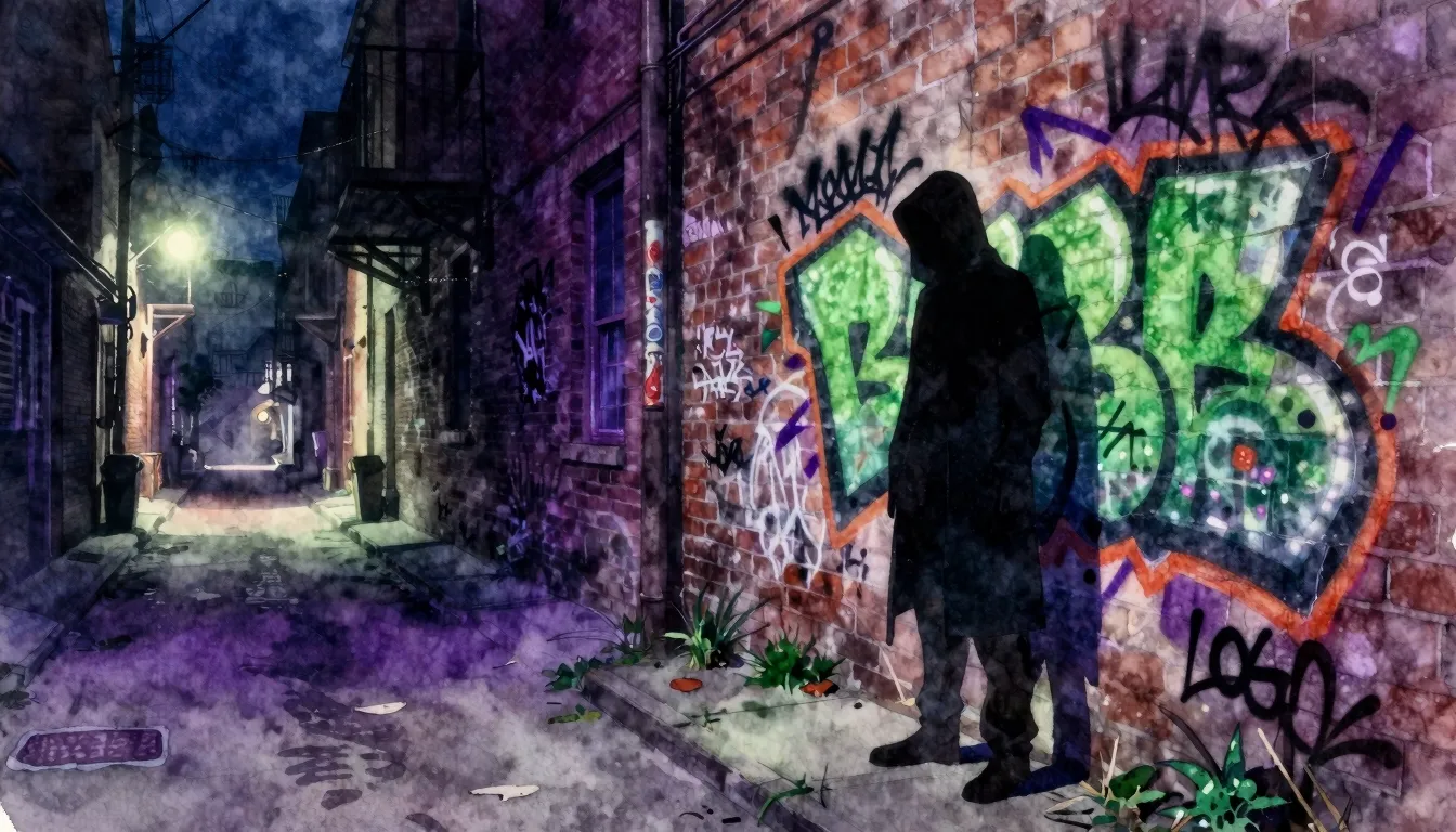 Watercolor style. A dark urban alleyway at night with neon p...
