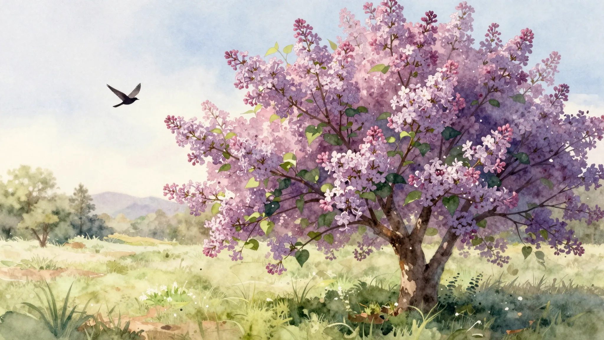 Watercolor style. Spring landscape, blooming lilac bush, sof...