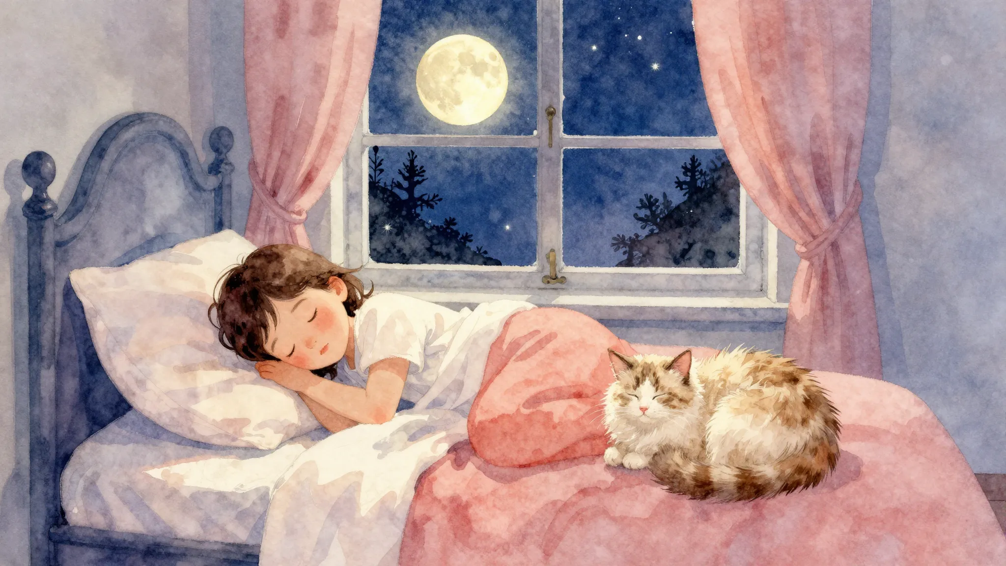 Vibrant watercolor style. Classical lullaby album cover. Moo...