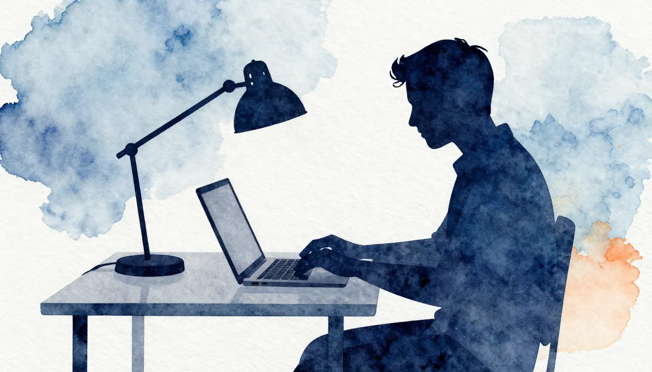 Watercolor style. A silhouette of a person working at a mode...