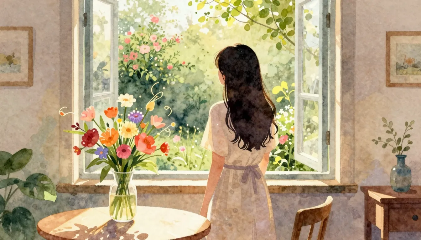 Watercolor style. A cozy sunlit room with a silhouette of a ...