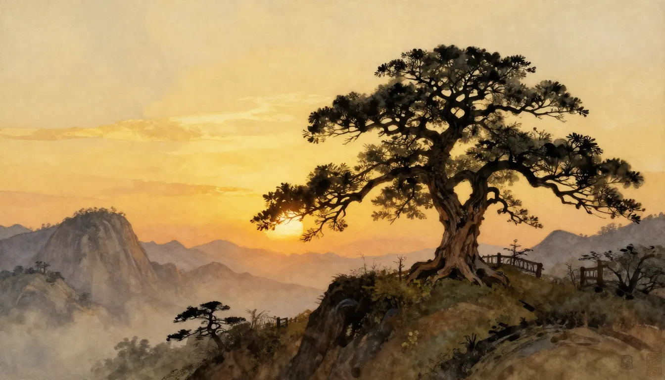 Watercolor style. Majestic mountain landscape at sunset, sil...