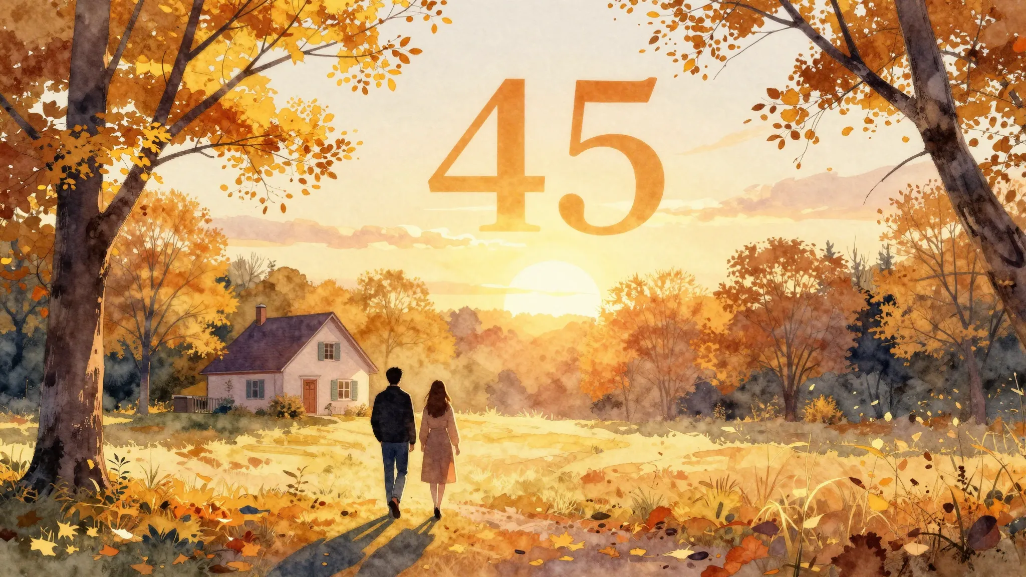 Watercolor style. A golden autumn park with silhouettes of a...