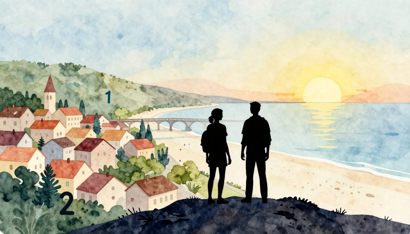 Watercolor style. Silhouettes of two travelers standing on a...