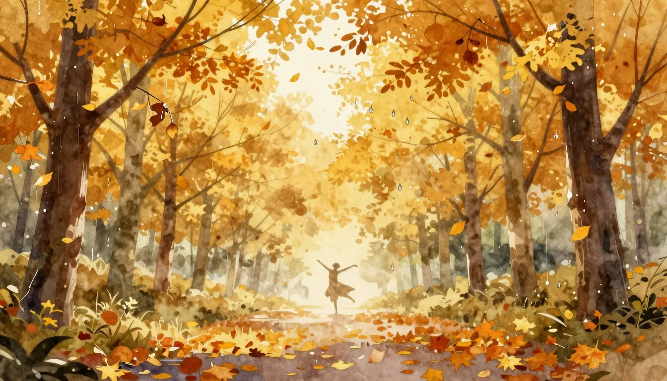 Watercolor style. Autumn landscape with falling leaves, gold...