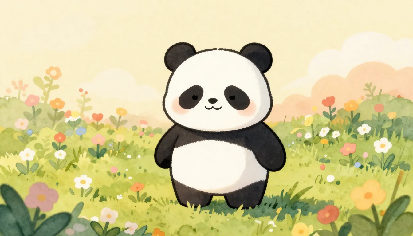 Watercolor style. Adorable panda character standing in a fie...