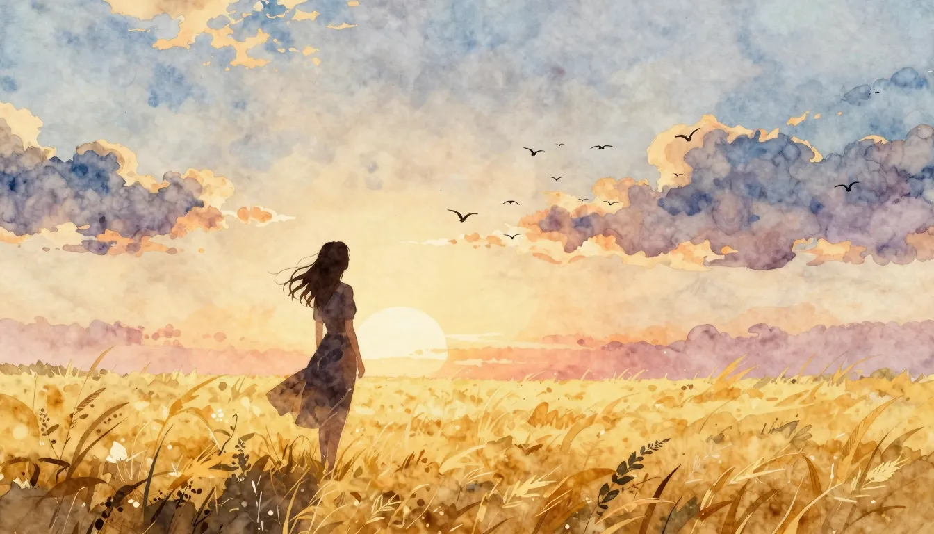 Watercolor style. A silhouette of a woman standing in a gold...